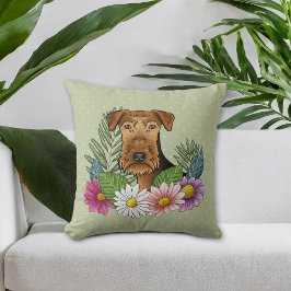 Airedale Terrier en kleurrijke zomerbloemen groen Kussen