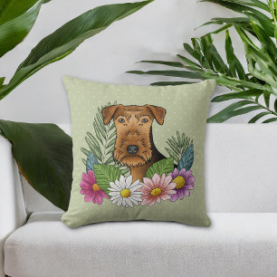Airedale Terrier en kleurrijke zomerbloemen groen Kussen