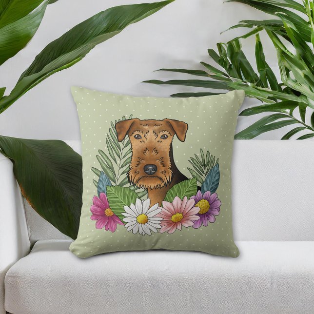 Airedale Terrier en kleurrijke zomerbloemen groen Kussen (Please note: This image is a digital mockup. The product may not be in scale.)