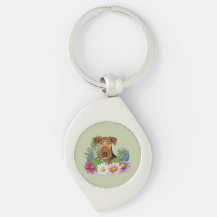 Airedale Terrier en kleurrijke zomerbloemen groen Sleutelhanger