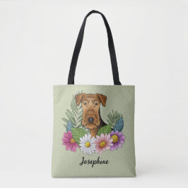Airedale Terrier en kleurrijke zomerbloemen groen Tote Bag