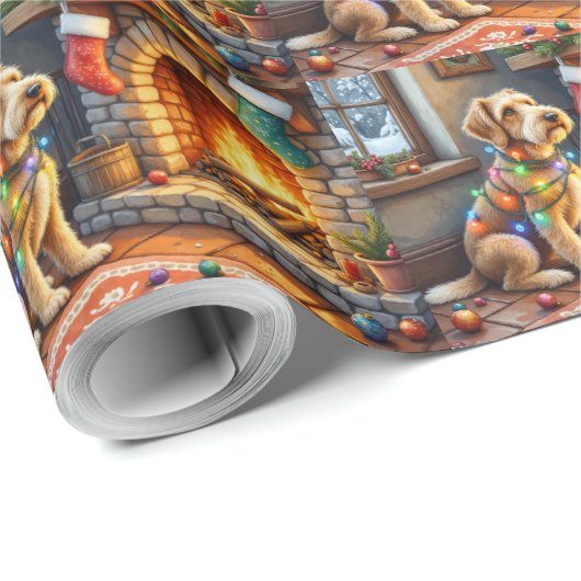 Airedale Terrier Fireplace Christmas Lights Cadeaupapier (Rol Hoek)