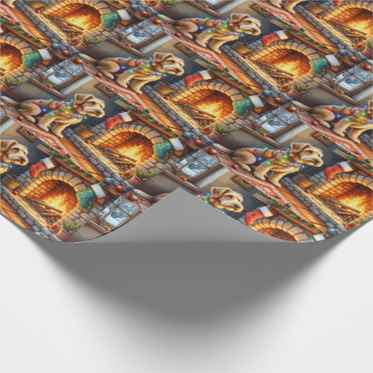 Airedale Terrier Fireplace Christmas Lights Cadeaupapier (Hoek)