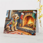 Airedale Terrier Fireplace Christmas Lights Kaart (Gele Bloem)