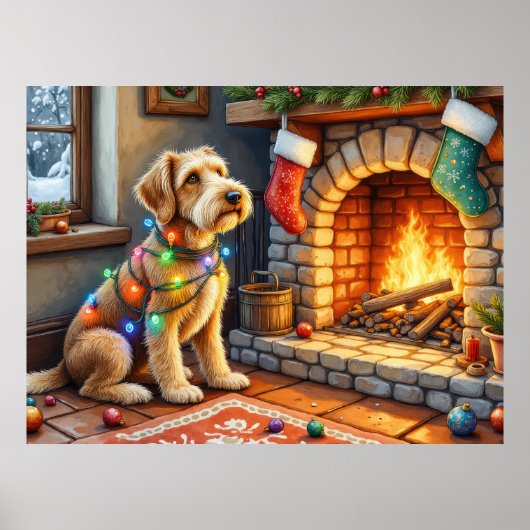 Airedale Terrier Fireplace Christmas Lights Poster (Voorkant)