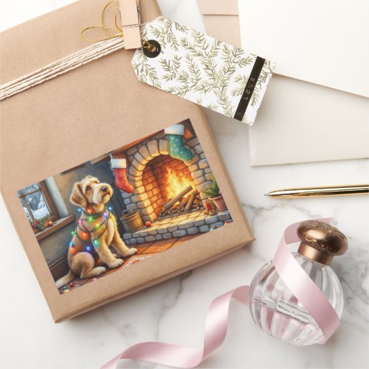 Airedale Terrier Fireplace Christmas Lights Rechthoekige Sticker (Geschenken)