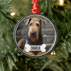 Airedale Terriër Hond Aangepaste Foto & Naam Memor Metalen Ornament