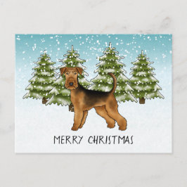 Airedale Terrier-hond Besneeuwd Winter Woud Feeste Briefkaart