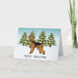 Airedale Terrier-hond Besneeuwd Winter Woud Feeste Kaart