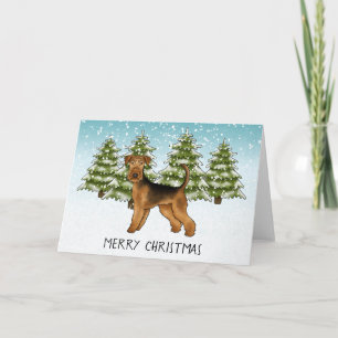 Airedale Terrier-hond Besneeuwd Winter Woud Feeste Kaart