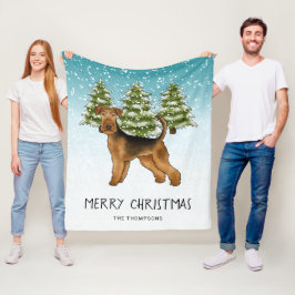 Airedale Terrier-hond besneeuwd winterbos en tekst Fleece Deken