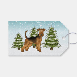 Airedale Terrier-hond Besneeuwde Winterbos Festief Cadeaulabel