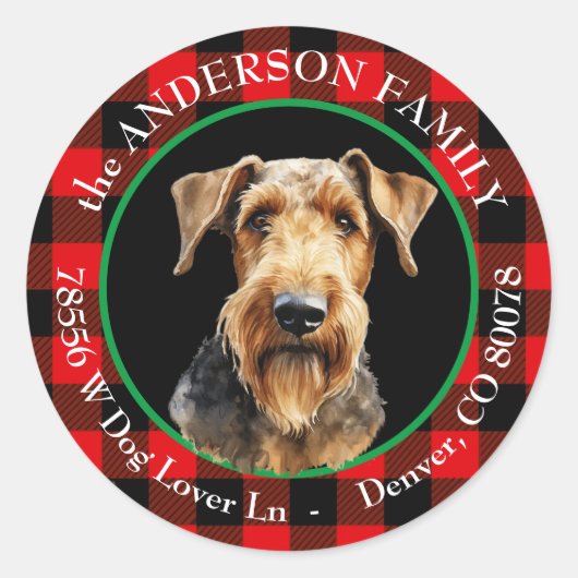 Airedale Terrier Hond Buffel Plaid Retouradres Ronde Sticker (Voorkant)