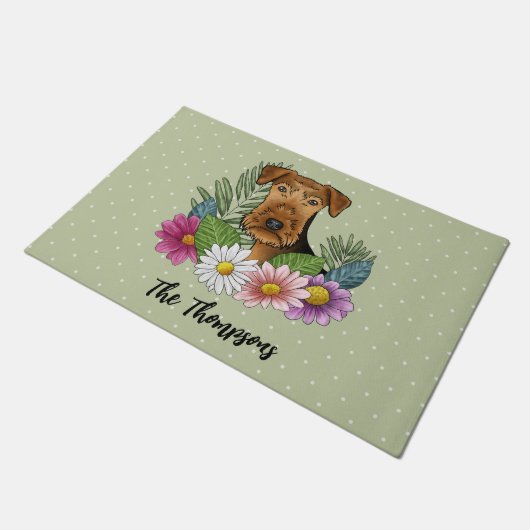 Airedale Terriër Hond en Kleurrijke Bloemen Groen Deurmat (Schuin)