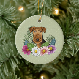 Airedale Terriër Hond en Kleurrijke Bloemen Groen Keramisch Ornament
