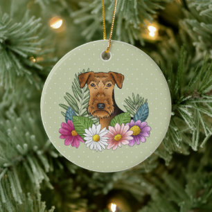Airedale Terriër Hond en Kleurrijke Bloemen Groen Keramisch Ornament