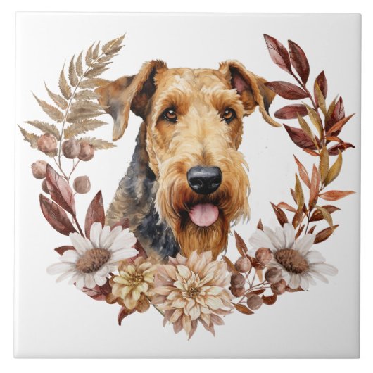 Airedale Terrier Hond Herfst krans Tegeltje (Voorkant)