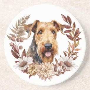Airedale Terrier Hond Herfst krans Zandsteen Onderzetter