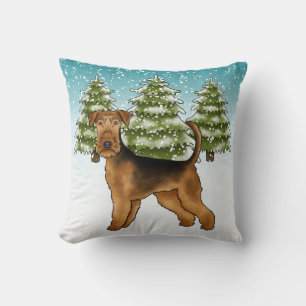 Airedale Terrier-hond in besneeuwd winterbos Schat Kussen