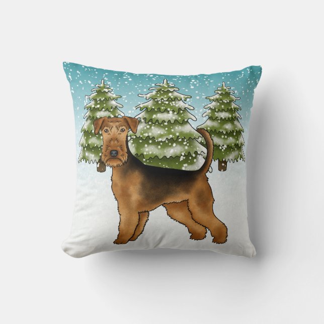 Airedale Terrier-hond in besneeuwd winterbos Schat Kussen (Voorkant)