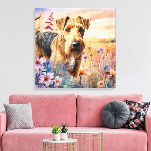 Airedale Terrier-hond in een bloemenweide Canvas Afdruk (Insitu (Woonkamer))