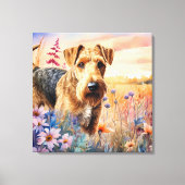 Airedale Terrier-hond in een bloemenweide Canvas Afdruk (Voorkant)
