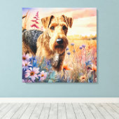 Airedale Terrier-hond in een bloemenweide Canvas Afdruk (Insitu (Houten vloer))