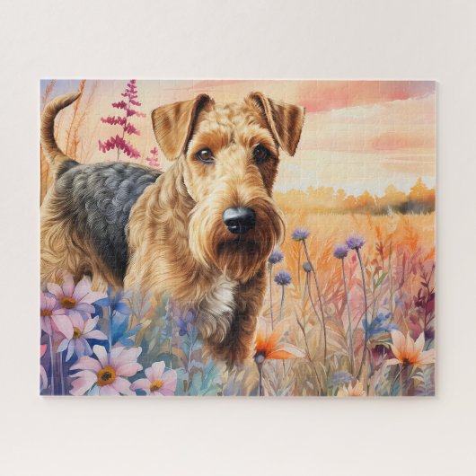 Airedale Terrier-hond in een weide met wilde bloem Legpuzzel (Horizontaal)