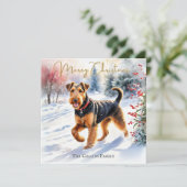 Airedale Terrier Hond In Winter Sneeuw Kerstmis Feestdagenkaart (Staand voorkant)
