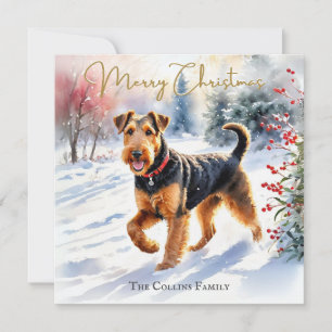 Airedale Terrier Hond In Winter Sneeuw Kerstmis Feestdagenkaart