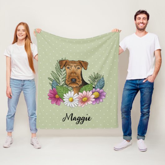 Airedale Terriër Hond Kleurrijke Bloemen en Naam Fleece Deken (In situ)