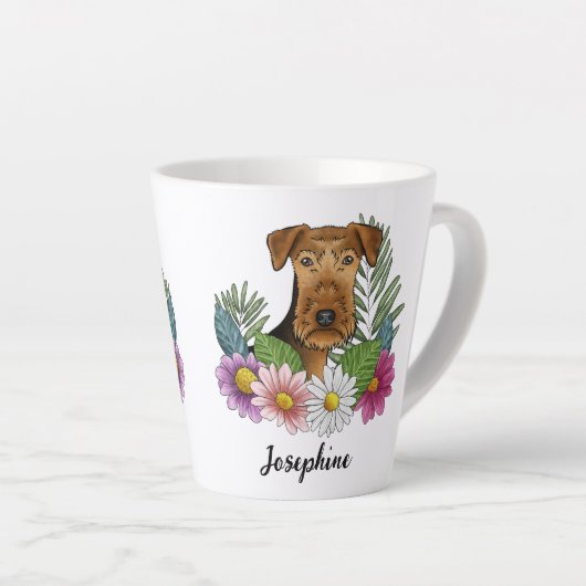 Airedale Terriër Hond Kleurrijke Bloemen en Naam Latte Mok (Rechterhoek)