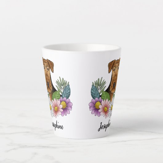Airedale Terriër Hond Kleurrijke Bloemen en Naam Latte Mok (Voorkant)