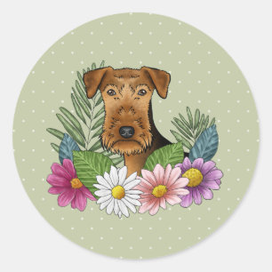 Airedale Terrier hond kleurrijke wilde bloemen gro Ronde Sticker
