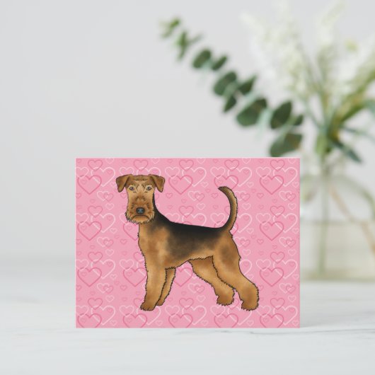 Airedale Terriër Hond Liefde Met Roze Hartpatroon Briefkaart (Staand voorkant)