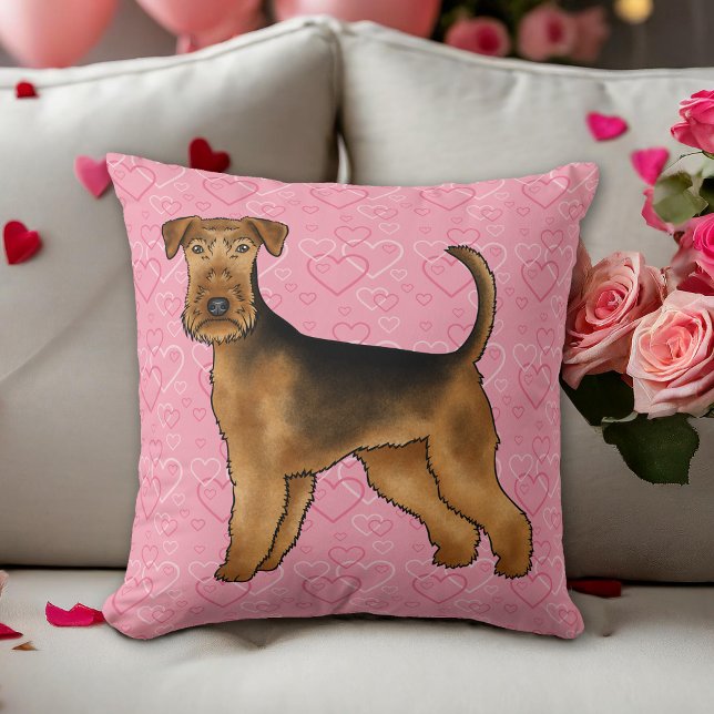 Airedale Terriër Hond Liefde Met Roze Hartpatroon Kussen (Please note: This image is a digital mockup. The product may not be in scale.)