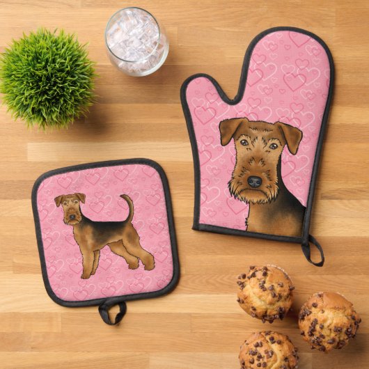 Airedale Terriër Hond Liefde Met Roze Hartpatroon Ovenwant & Pannenlap Set (Top down)