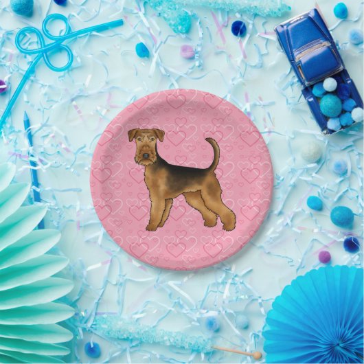 Airedale Terriër Hond Liefde Met Roze Hartpatroon Papieren Bordje (Feest)