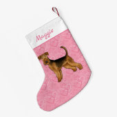Airedale Terriër Hond met roze hartjes en naam Kleine Kerstsok (Achterkant (Hangend))