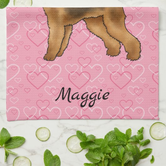 Airedale Terriër Hond met roze hartjes en naam Theedoek (Gevouwen)