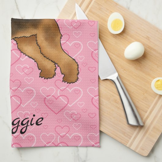 Airedale Terriër Hond met roze hartjes en naam Theedoek (Quarter Fold)