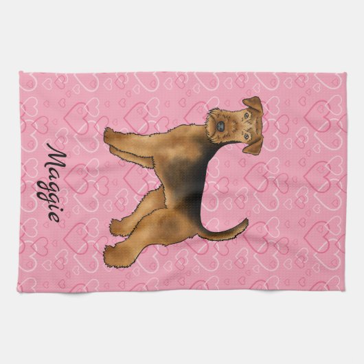 Airedale Terriër Hond met roze hartjes en naam Theedoek (Horizontaal)