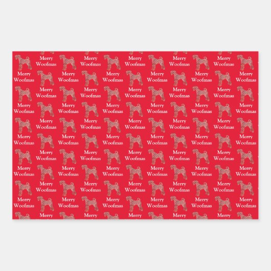 Airedale Terriër Hond Silhouet Rood Merry Woofmas Inpakpapier Vel (Voorkant)