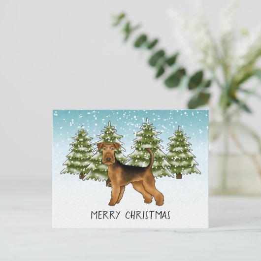 Airedale Terrier Hond Sneeuwig Winter Bos Feesteli Briefkaart (Staand voorkant)