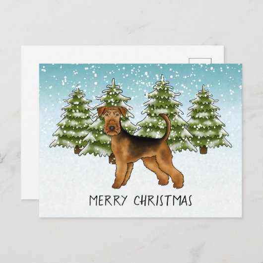 Airedale Terrier Hond Sneeuwig Winter Bos Feesteli Briefkaart (Voorkant / Achterkant)