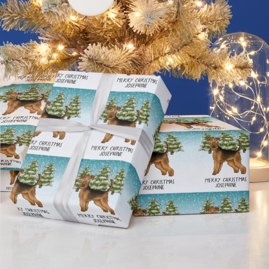 Airedale Terrier Hond Sneeuwig Winter Bos Feesteli Cadeaupapier (Feestdagen)