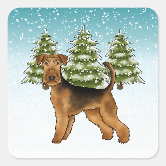 Airedale Terrier Hond Sneeuwig Winter Bos Feesteli Vierkante Sticker (Voorkant)