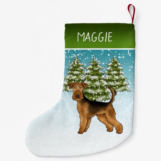 Airedale Terriër Hond Snowy Winter Bos en naam Kleine Kerstsok (Achterkant)