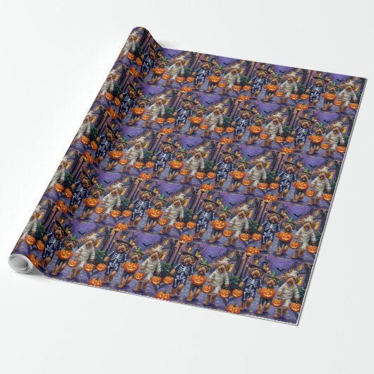Airedale Terrier Honden Trick-or-Treating Hallowee Cadeaupapier (Uitgerold)