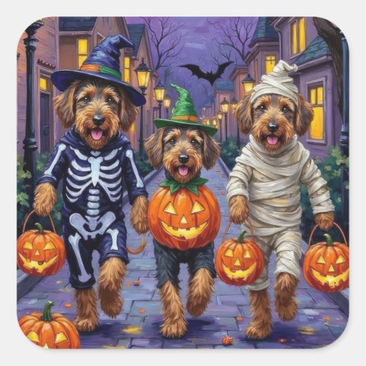 Airedale Terrier Honden Trick-or-Treating Hallowee Vierkante Sticker (Voorkant)
